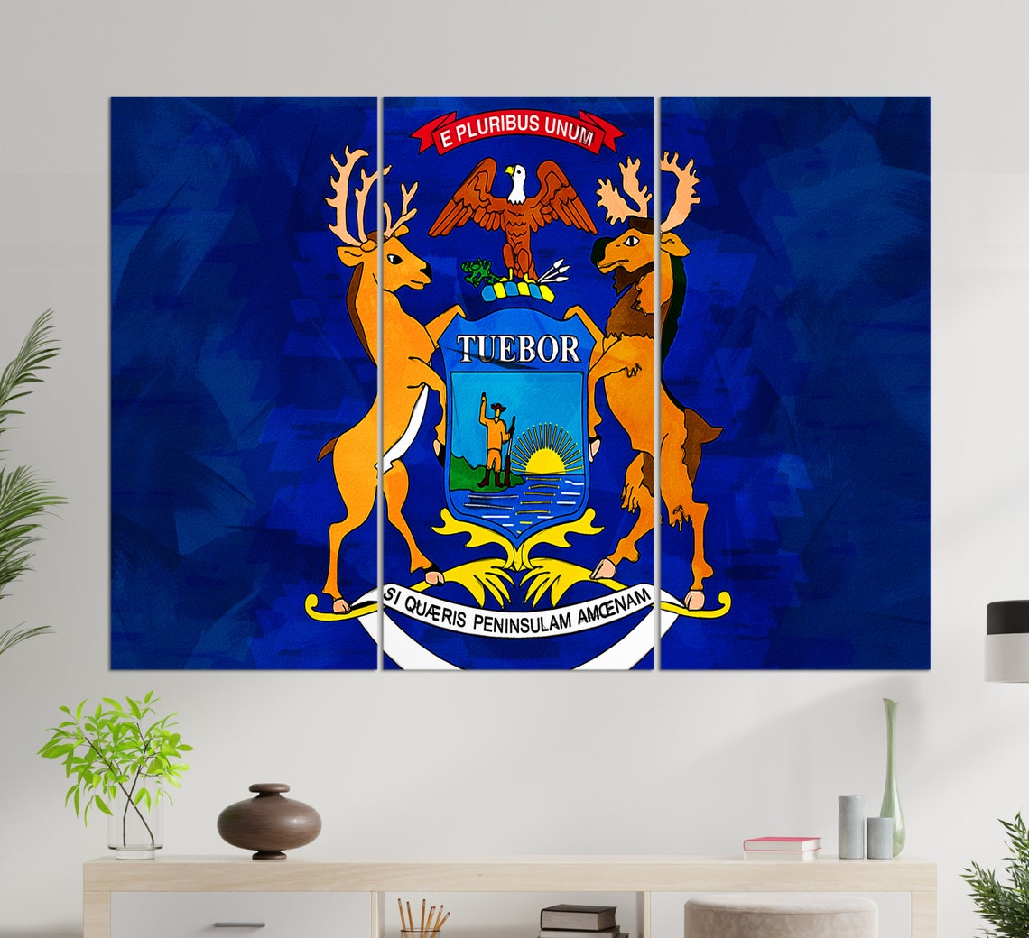 Michigan State Flag Coat Of Arms Blue Field Patriotic Art Print - Image 3