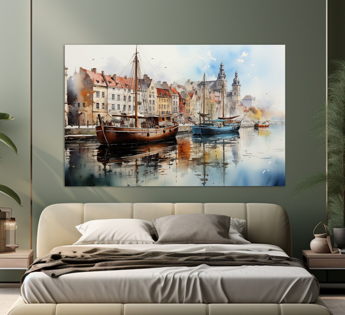 Gdansk Poland Old Harbor With Ships Watercolor Painting Travel Poster
