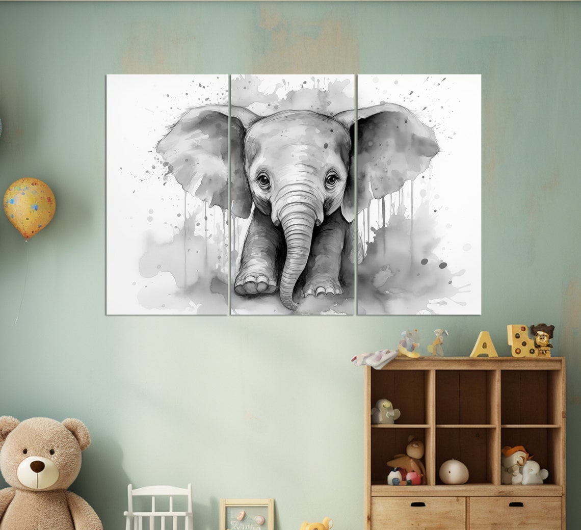 Cute Baby Elephant Watercolor Splashes Nursery Kids Wall Art - Image 4