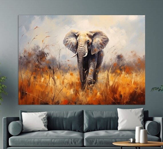 Majestic Elephant Golden Savanna Grass Oil Painting Wildlife Animal Poster
