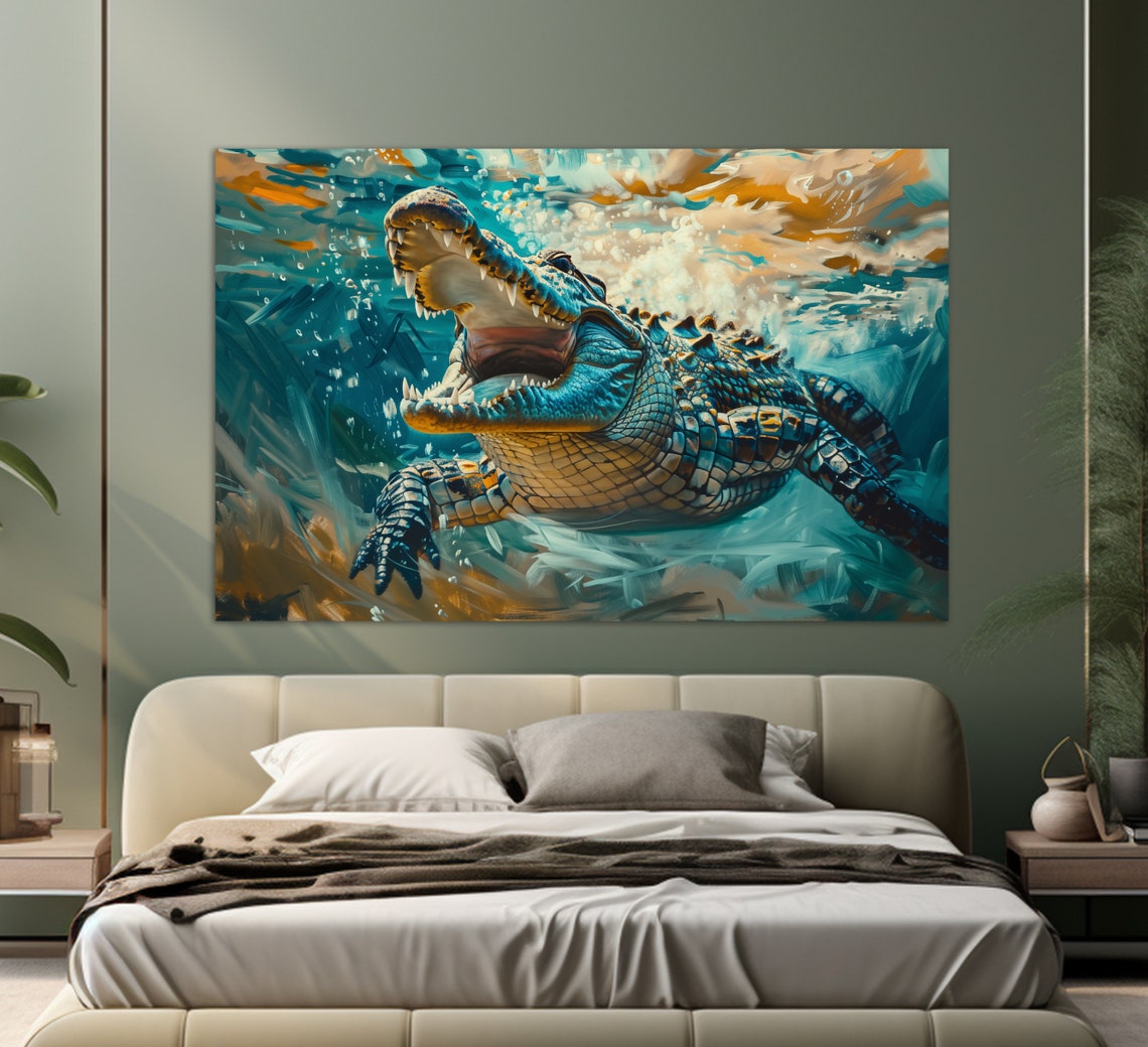 Crocodile Underwater Jaws Open Teal Painting Wild Reptile Art Poster