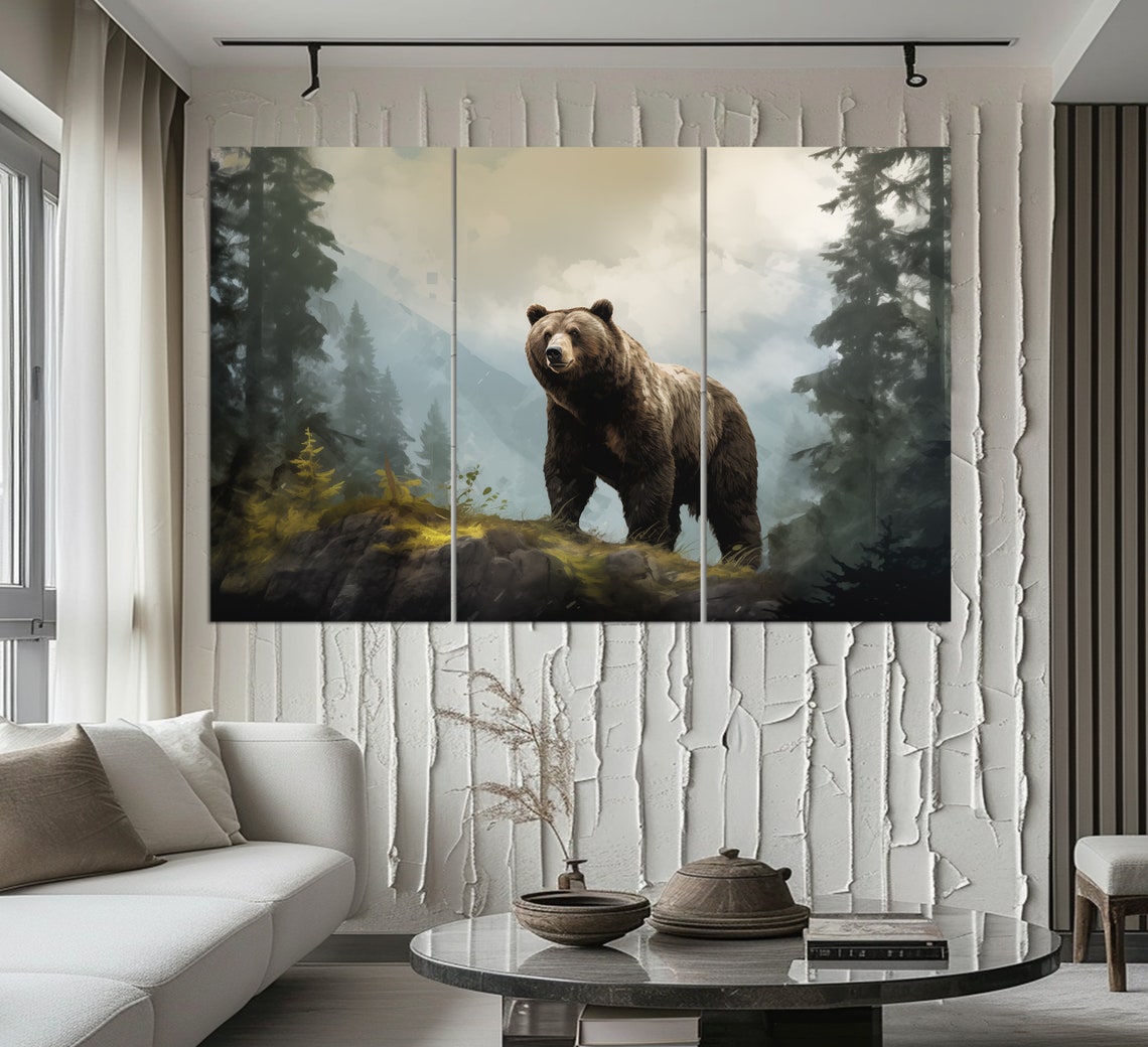 Brown Bear Standing On Forest Cliff Misty Mountain View Wall Art - Image 2