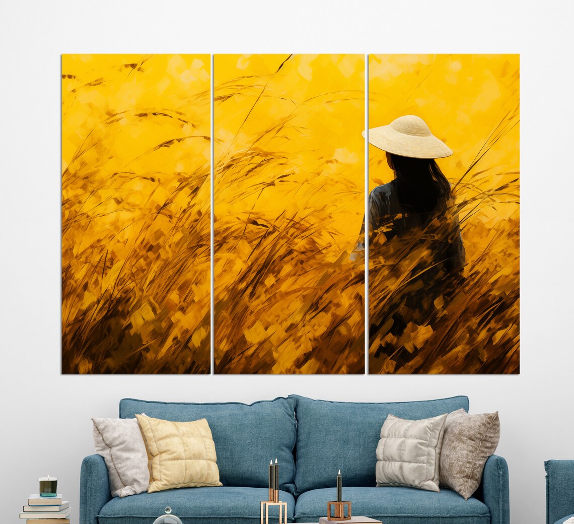 Woman In Golden Wheat Field Walking Away Warm Impressionist Art Print - Image 2