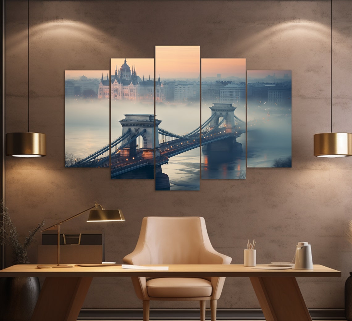 Misty Budapest Chain Bridge Over Danube Sunset Hungary Travel Poster - Image 4
