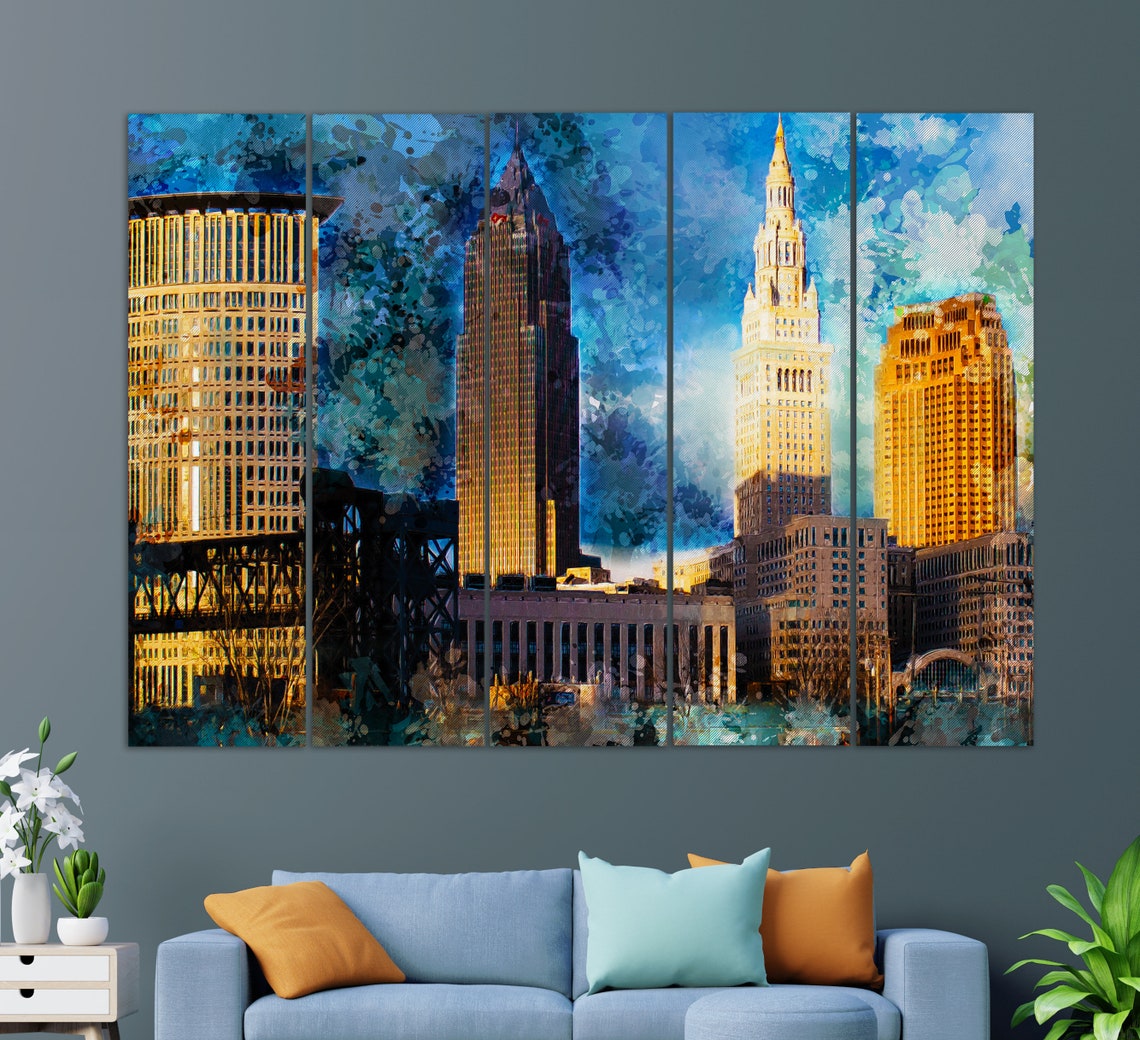 Akron Ohio Skyline Watercolor Downtown Towers Golden Sunset Print - Image 2