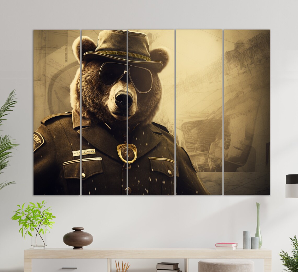 Bear Sheriff Vintage Sepia Bear Officer Hat Badge Funny Animal Wall Art Print - Image 2