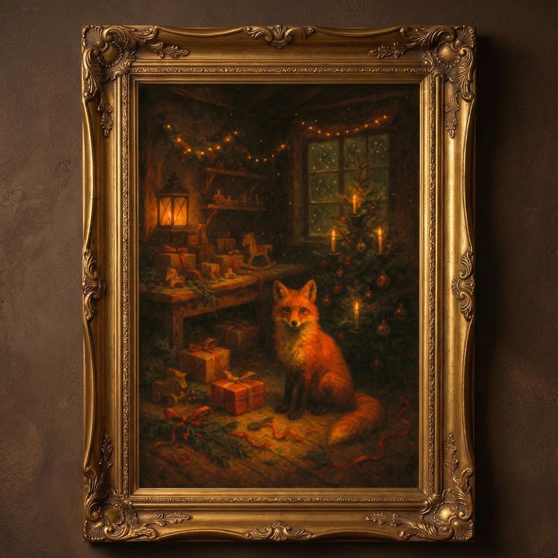 Red Fox Beside a Christmas Tree in a Candlelit Cabin Art Poster
