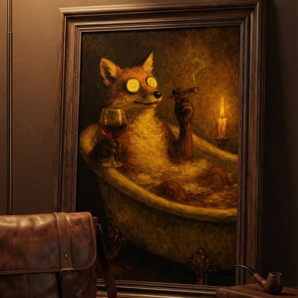 Fox Bathtub Spa Day Wine Oil Painting Whimsical Bathroom Poster