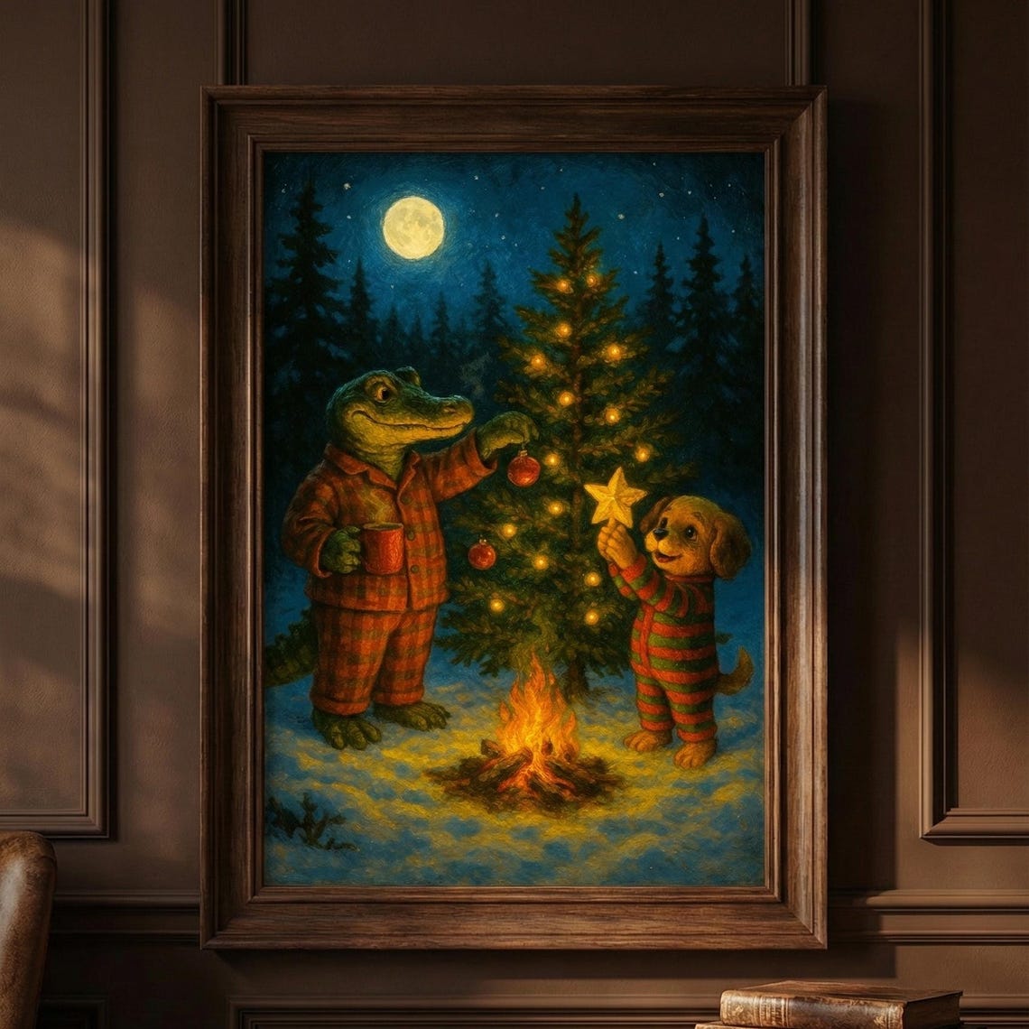 Crocodile and Puppy in Pajamas Decorating a Christmas Tree Poster