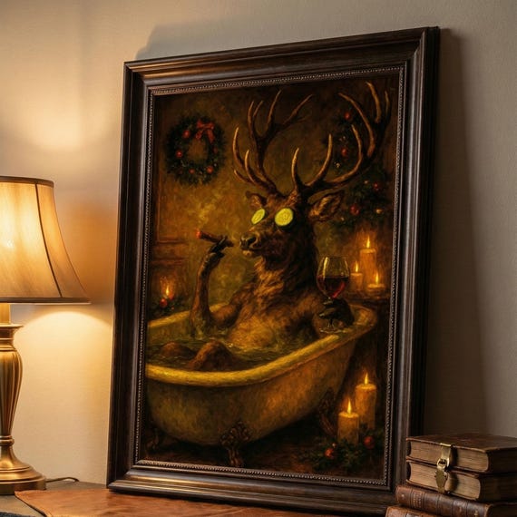 Funny Stag In Tub Print Dark Academia Christmas Bathroom Art