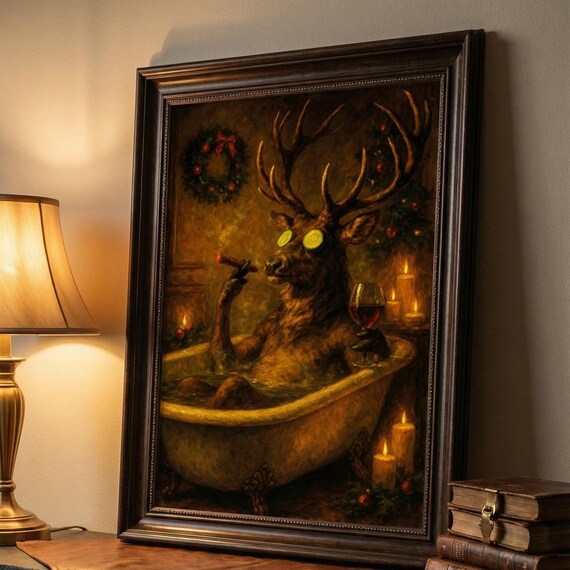 Stag Antlers Bathtub Christmas Spa Wine Oil Painting Funny Poster