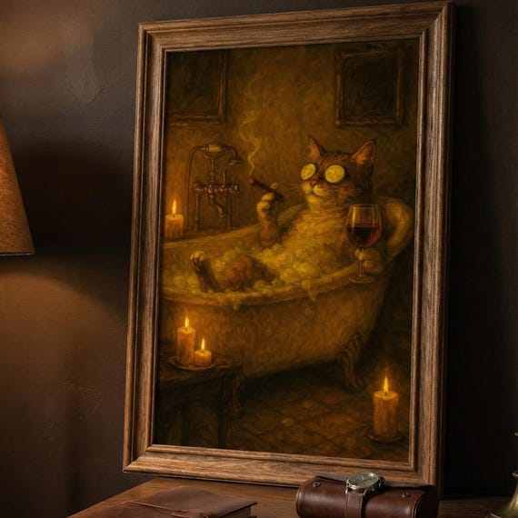 Funny Cat Spa Art Print Vintage Bathroom Decor