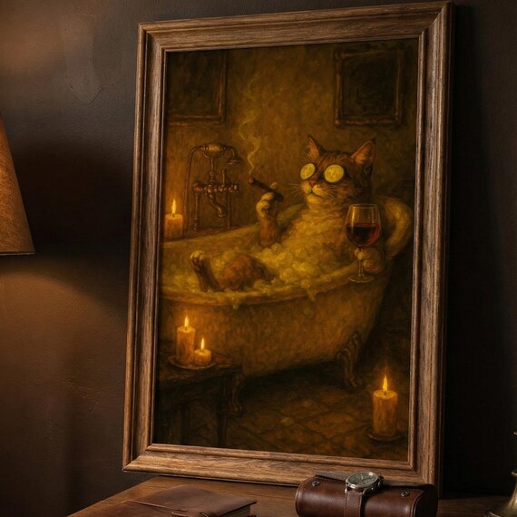 Tabby Cat Bubble Bath Spa Night Wine Oil Painting Whimsical Poster