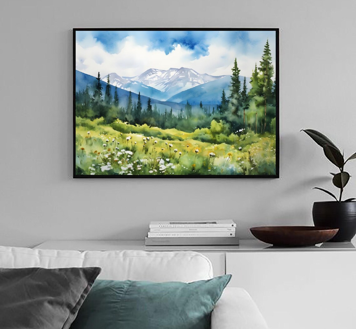 Whiteface Mountain Wildflower Meadow Snow Peak Watercolor Art Poster - Image 3