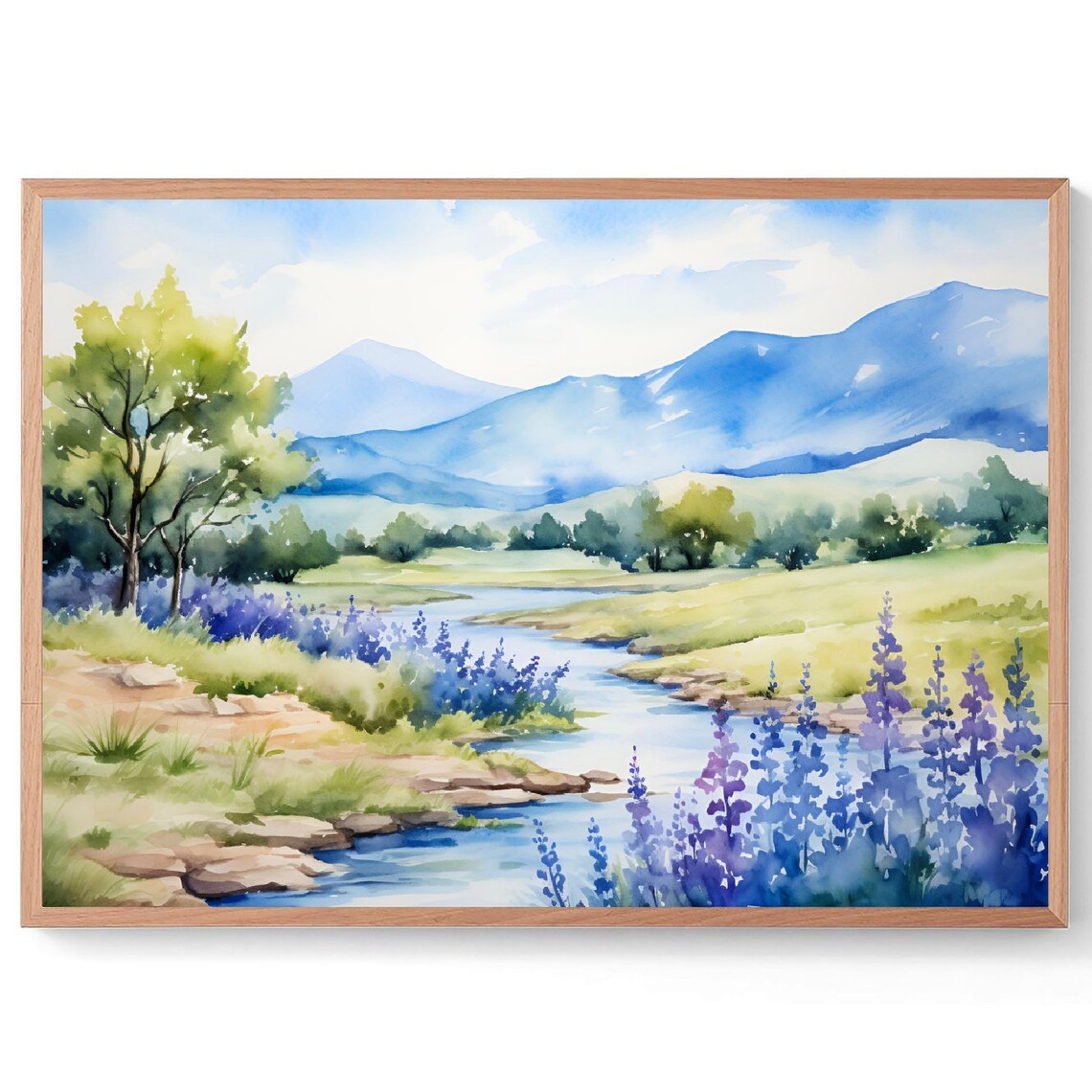 Texas Llano River Travel Poster, Watercolor Landscape