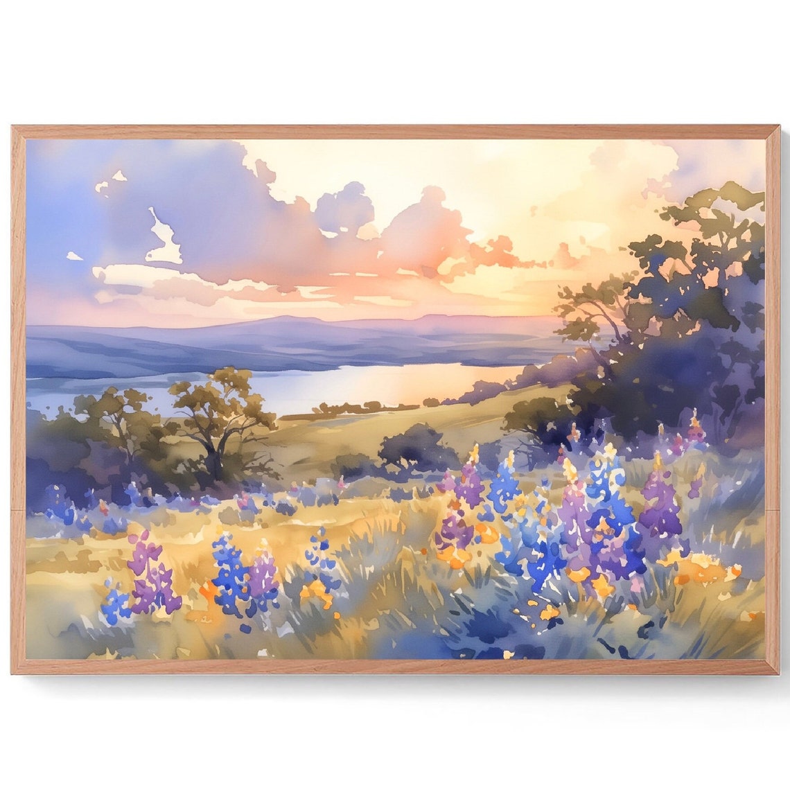 Trinity River Texas Sunset Bloom Wildflowers Watercolor Poster