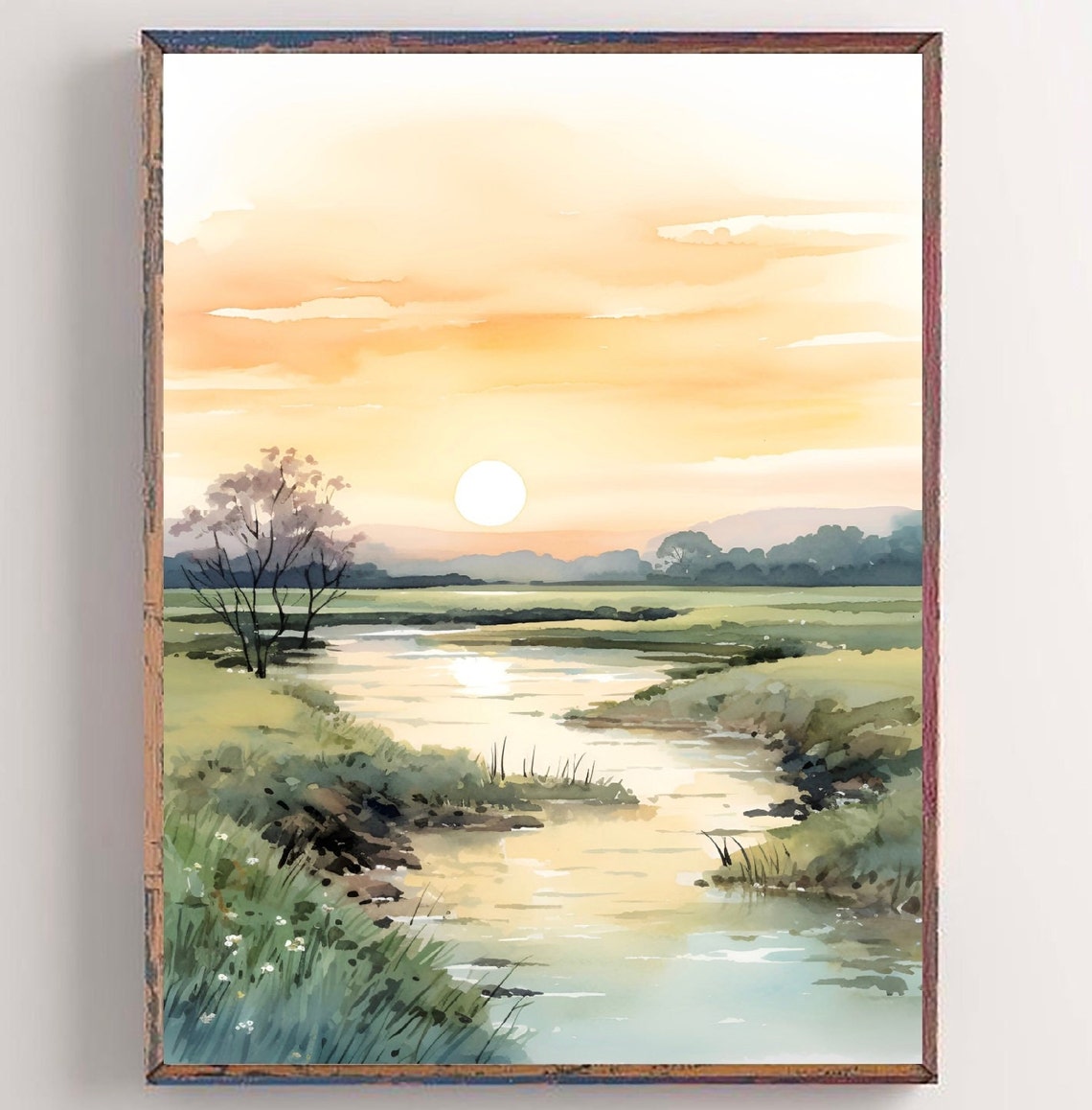 Brazos River Texas Golden Sunset Marsh Watercolor Landscape Poster
