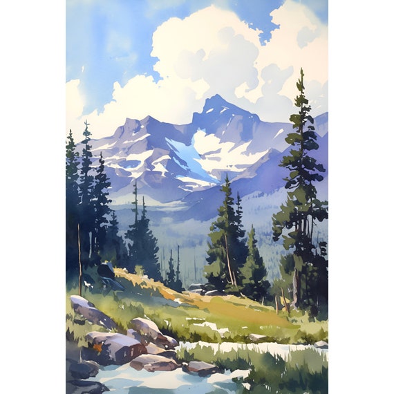 Mount Rainier Painting Cascade Range Watercolor Landscape Misty Forest Art Print Washington Mountain Artwork Pine Trees Wall Art