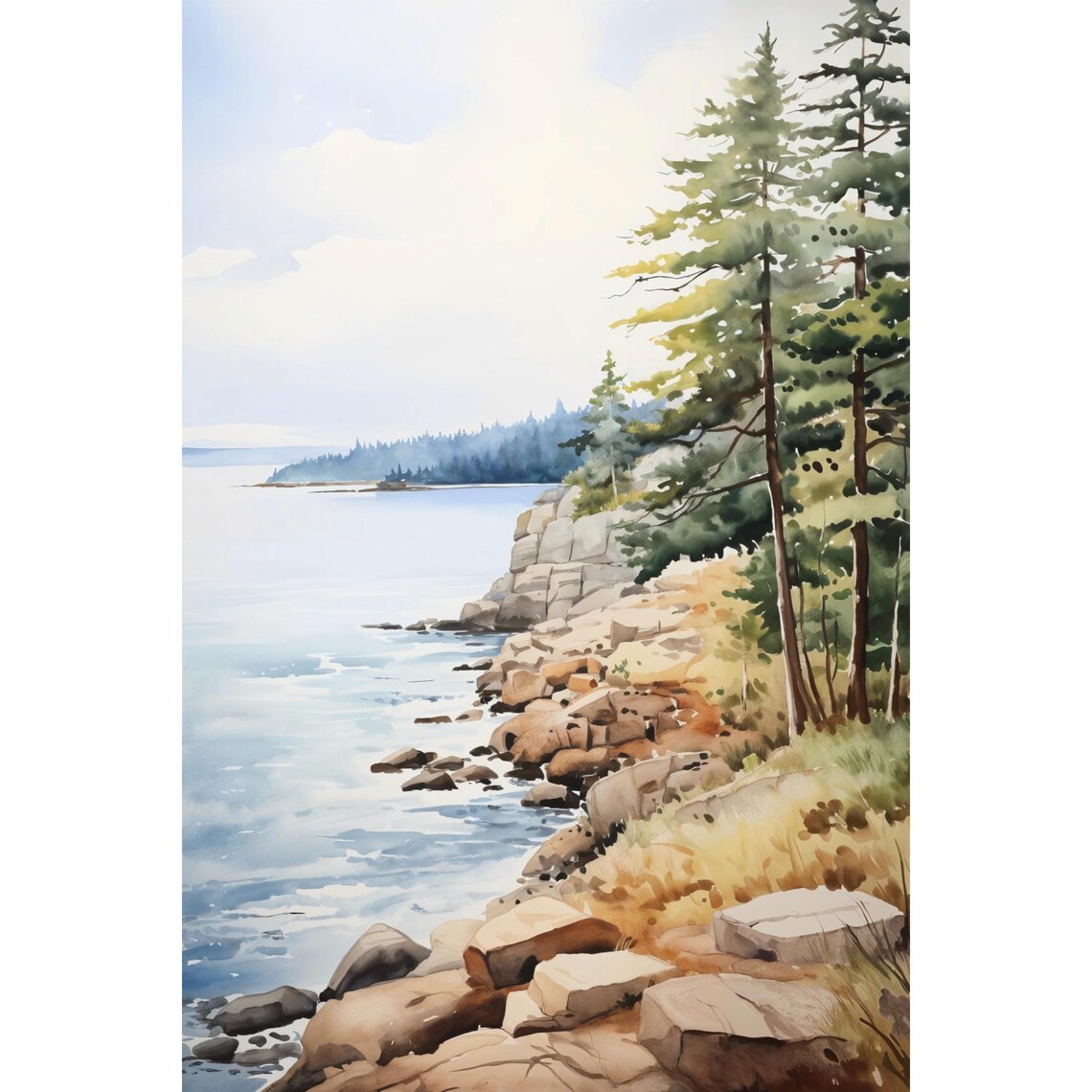 Rocky Shoreline Pine Forest Calm Water Watercolor Art Poster