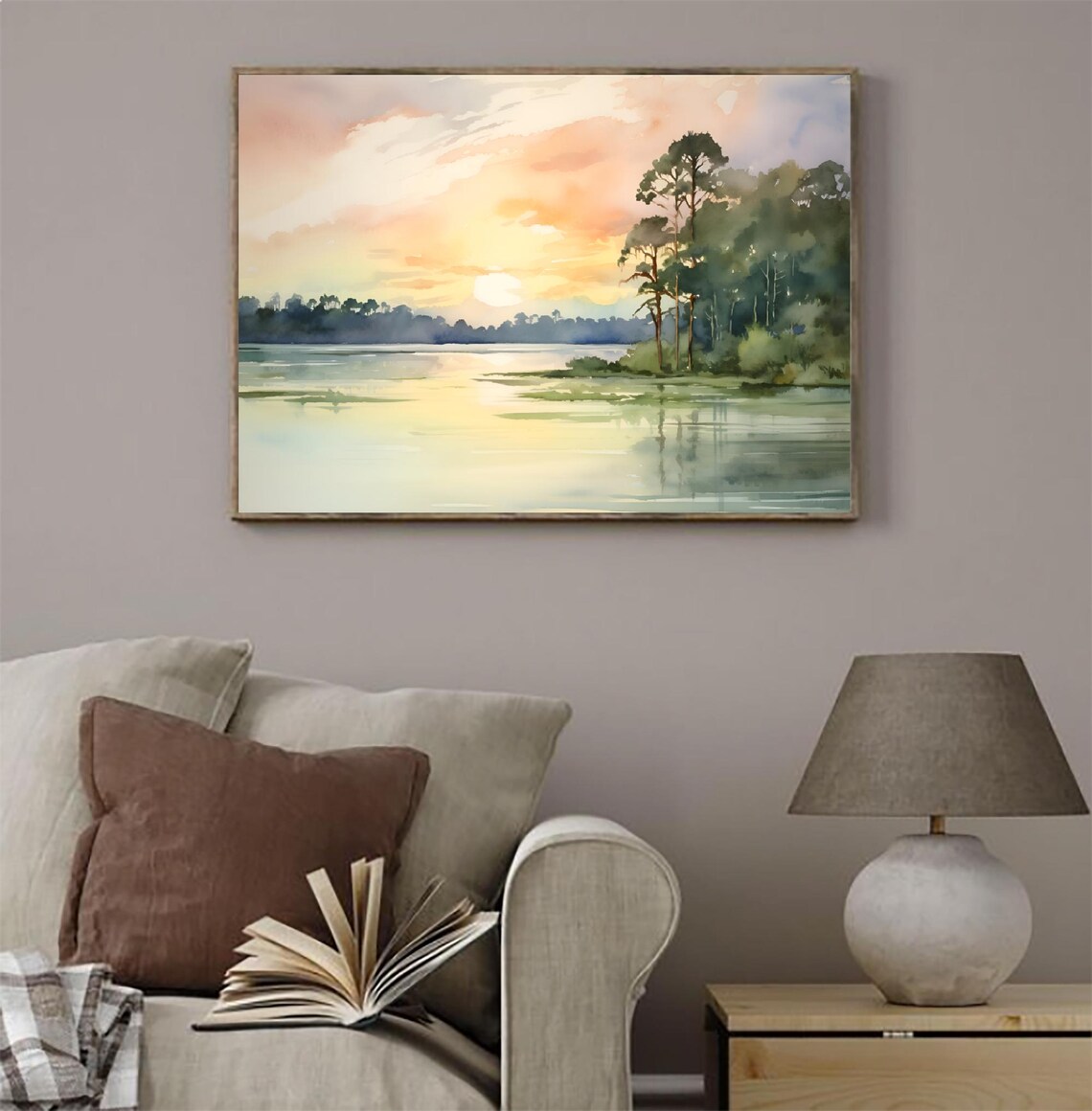 Sunset Lake Golden Sky Pine Shore Reflections Watercolor Art Poster - Image 2