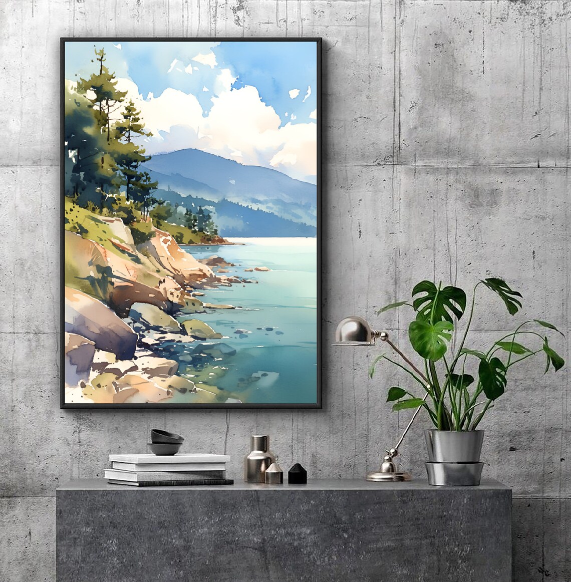 Okanogan River Washington Rocky Shore Pines Watercolor Poster - Image 4