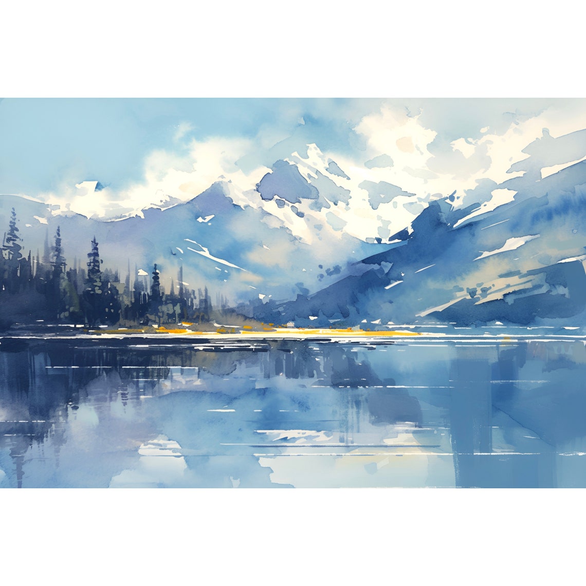 Blue Mountain Lake Mirror Reflection Watercolor Serene Art Poster