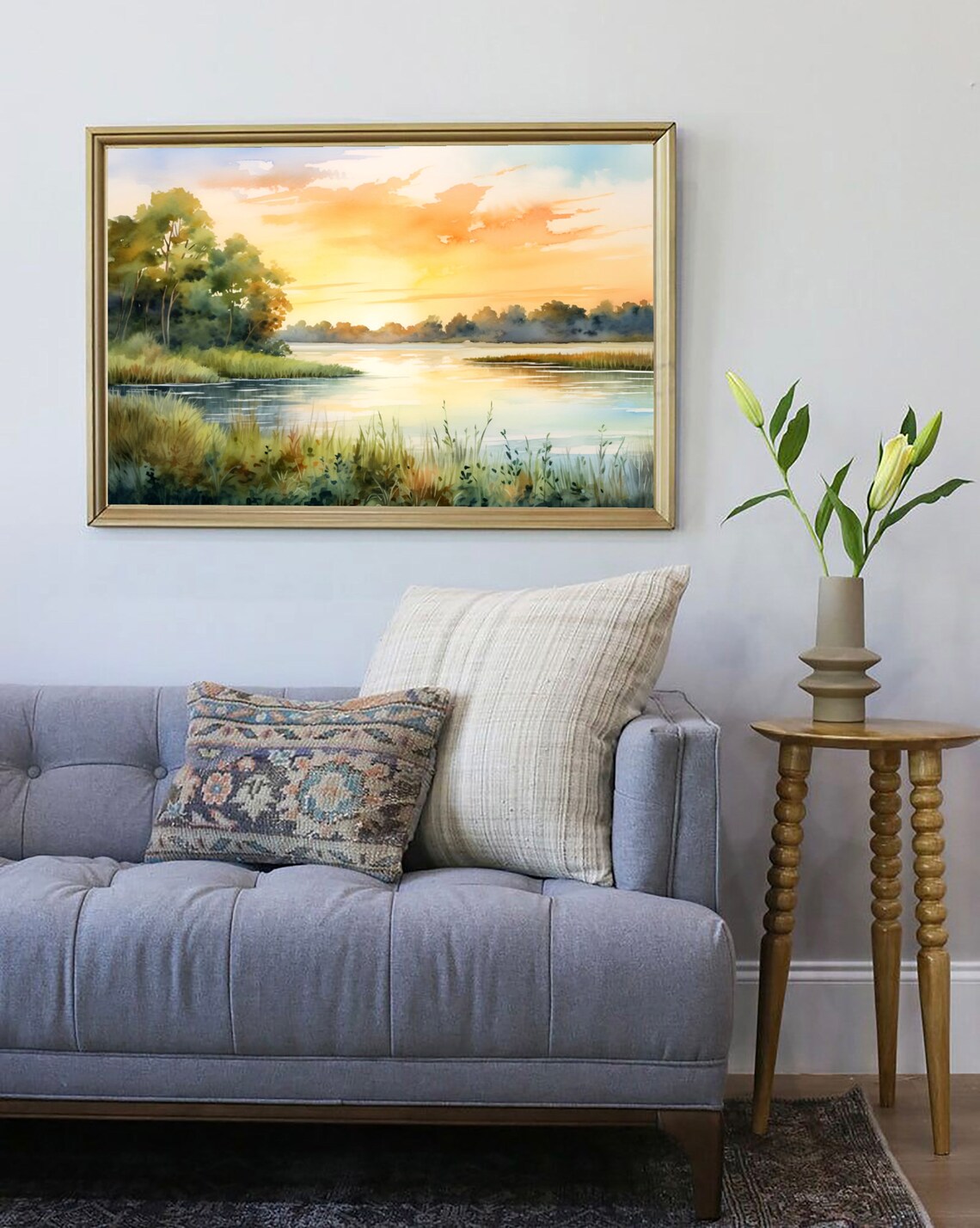 Kansas River Watercolor Sunset Landscape Art Print - Image 3