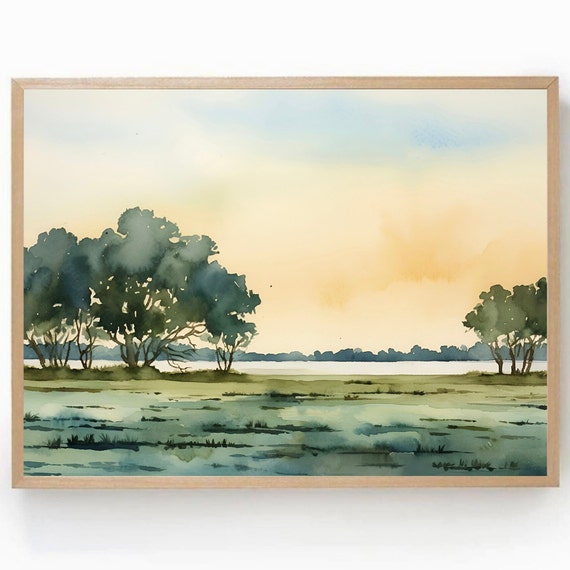 Sunset Lake Print Watercolor Painting Green Field Poster Neutral Countryside Landscape Panoramic Wall Art Farmhouse Wall Decor