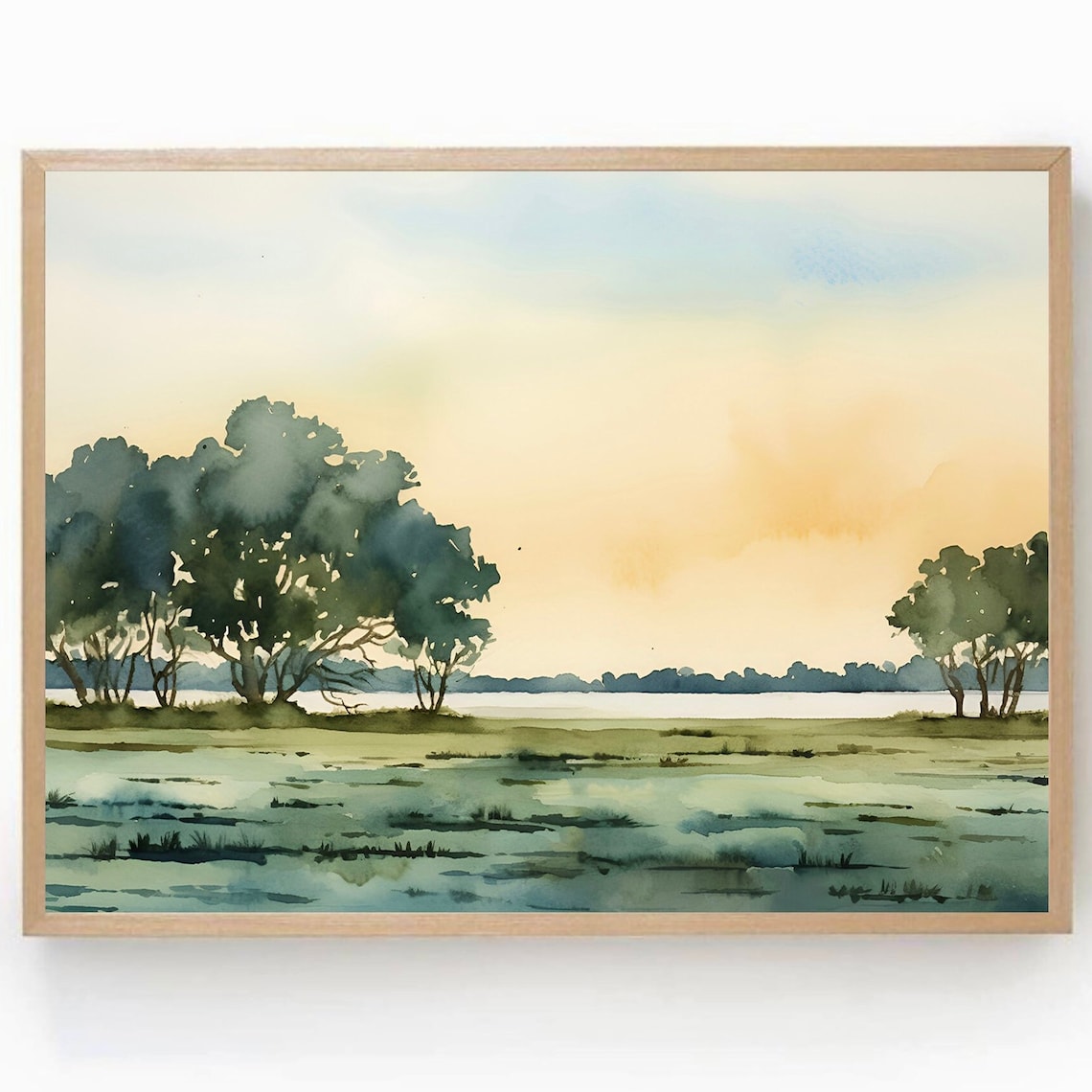 Golden Sunset Wetlands Lake Watercolor Neutral Countryside Poster