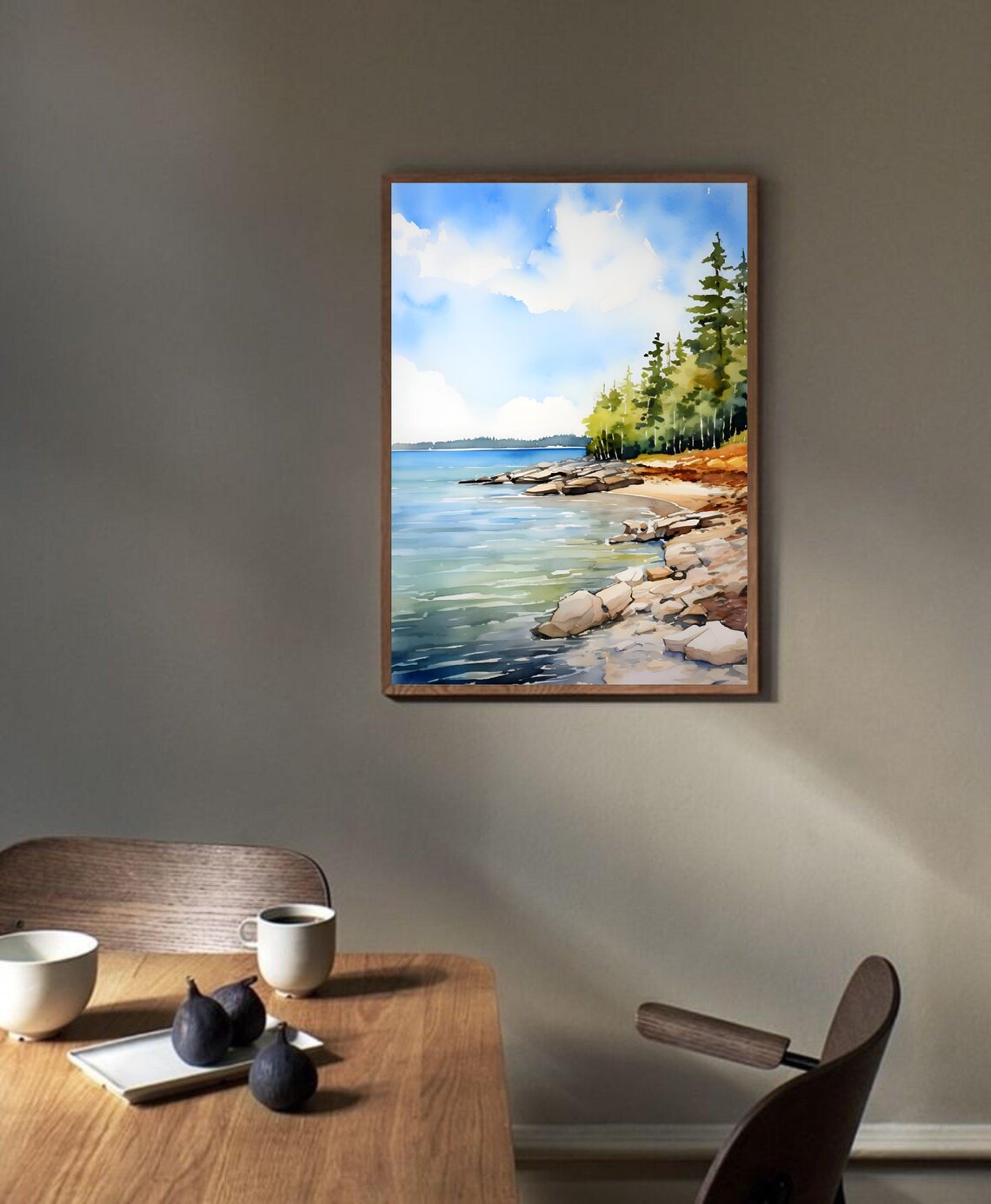 Sunny Rocky Lakeshore Pine Trees Calm Water Watercolor Art Poster - Image 3