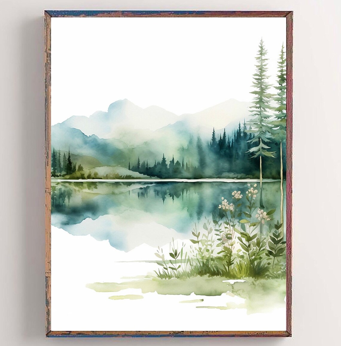 Forest Lake Sunrise Watercolor Landscape Art Print