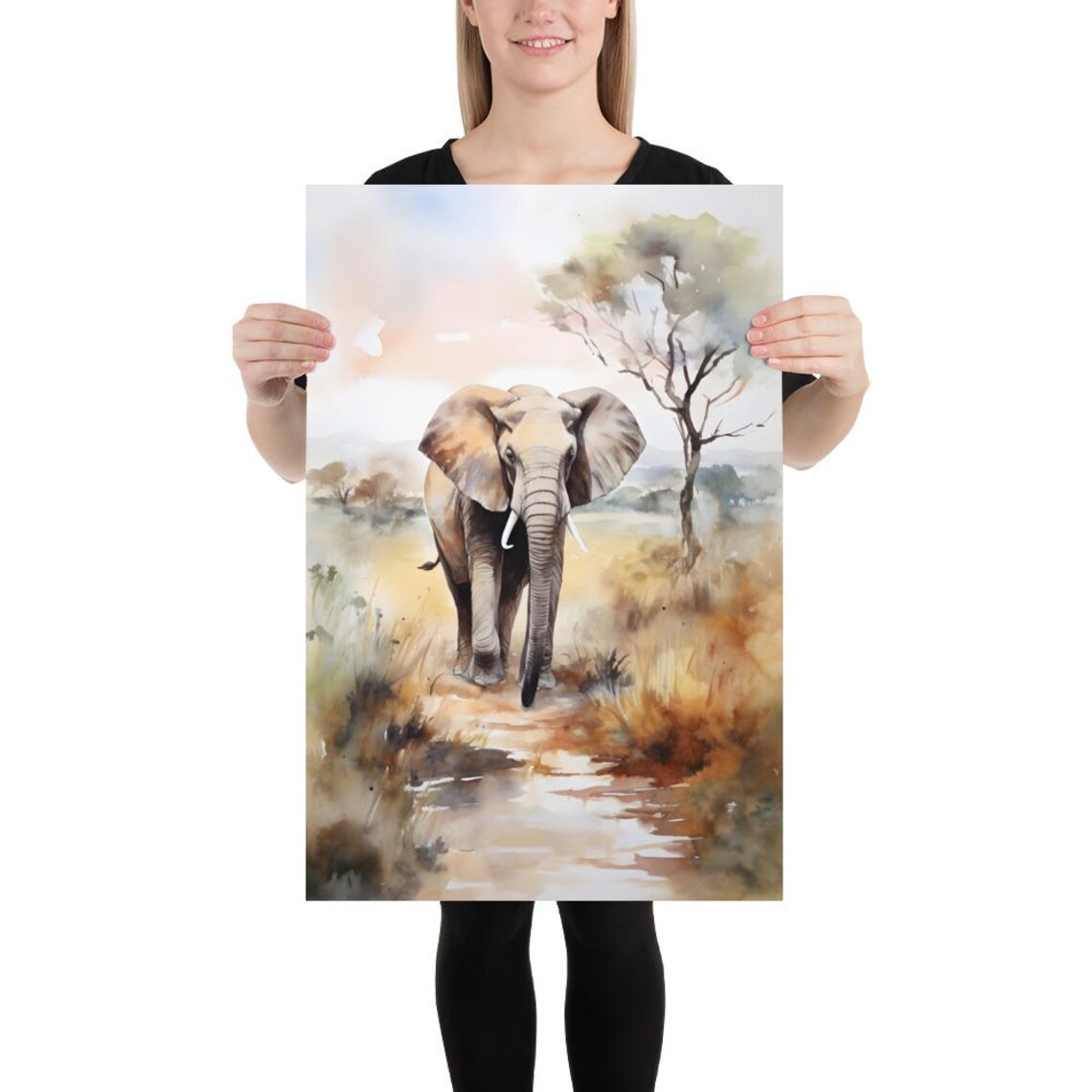 African Landscape Elephant Watercolor Art Print - Image 2