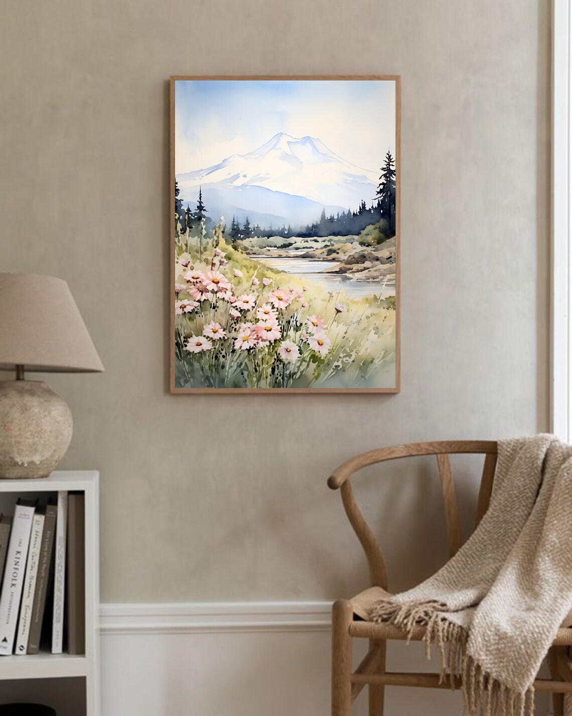 Mount Saint Helens Pink Daisies Snow Peak Watercolor Floral Poster - Image 2