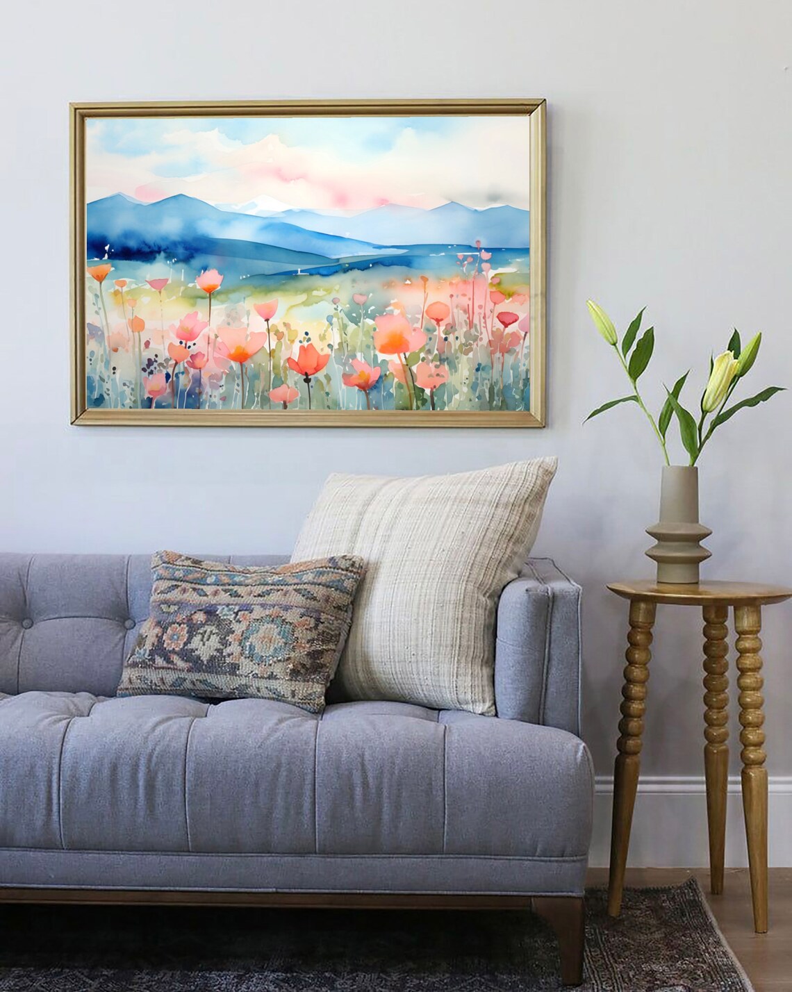 Wildflower Meadow Pink Poppies Blue Mountains Watercolor Art Poster - Image 4