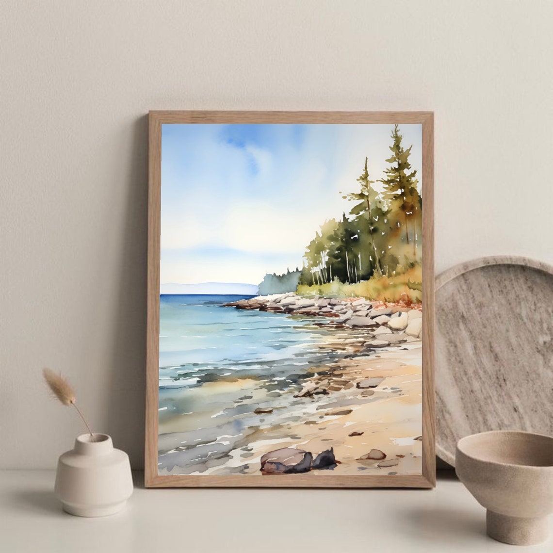 Lake Erie Watercolor Print Rock Shoreline Wall Art Great Lakes Wall Art Coastal Landscape Painting Ohio Travel Art Print - Image 2