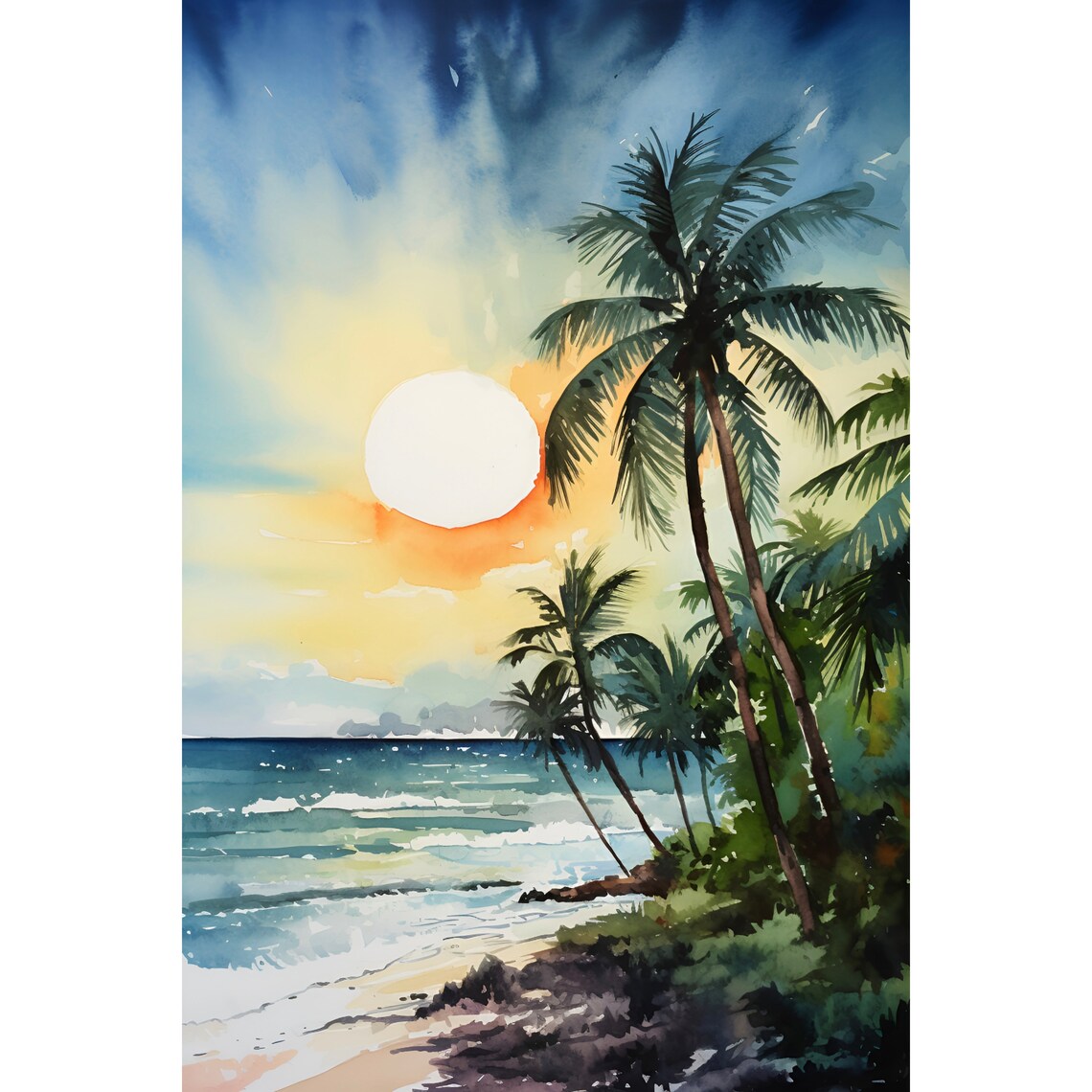 Cozumel Island Mexico Tropical Sunset Palm Beach Watercolor Poster