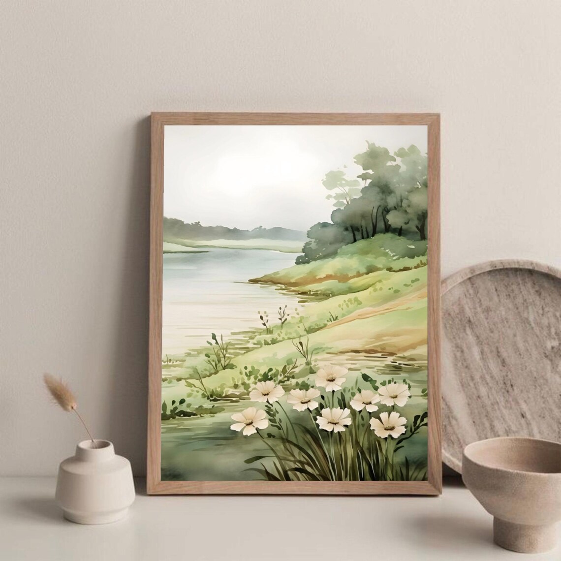 Misty Lakeside Wild Cosmos Flower Watercolor Floral Art Poster - Image 3