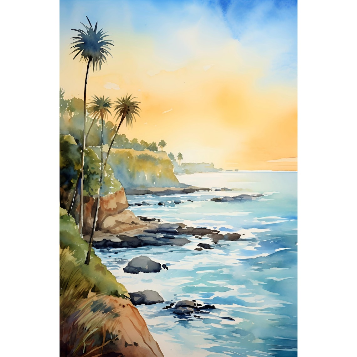 Key West Sunset Coast Palm Trees Ocean Watercolor Art Poster