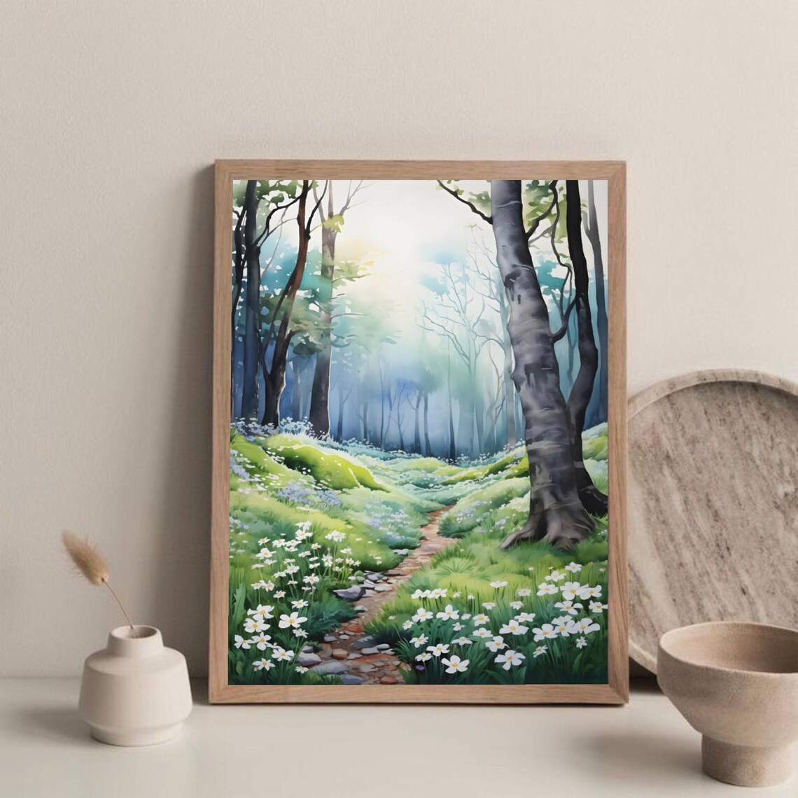 Oklahoma Spring Forest Daisy Path Misty Watercolor Nature Art Poster - Image 4