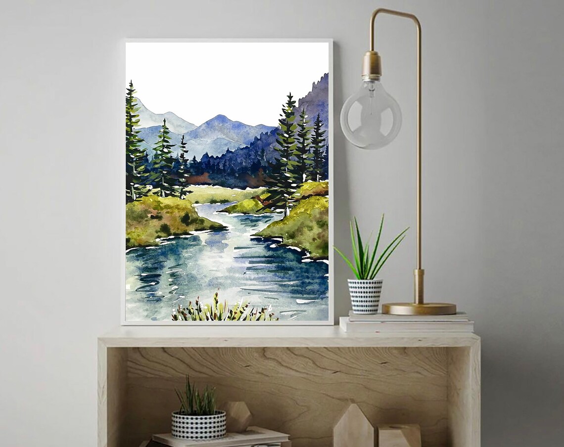 Mountain River Watercolor Mountains Forest Art Print - Image 2