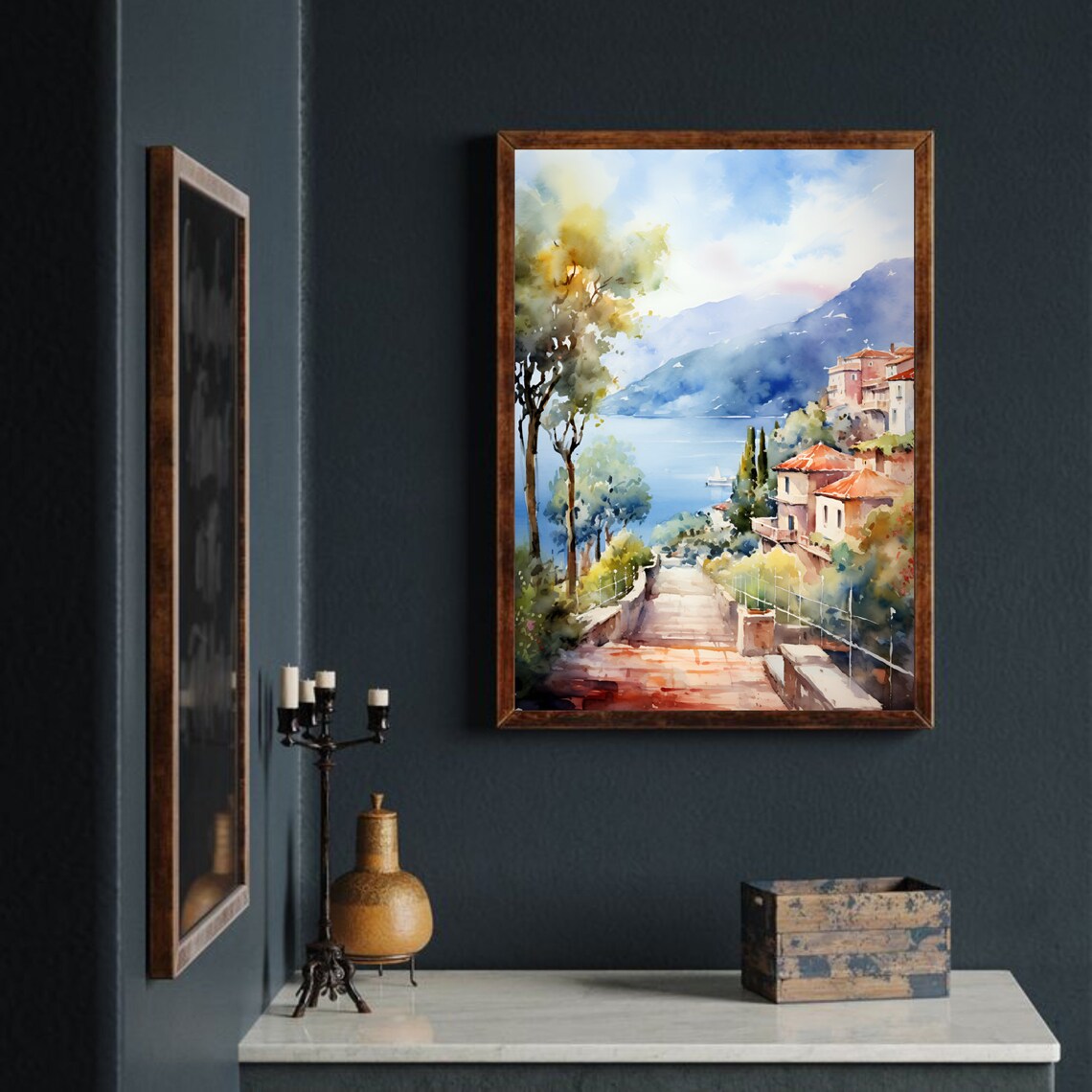 Capri Italy Coastal Town Terrace Sea Mountain Watercolor Poster - Image 2