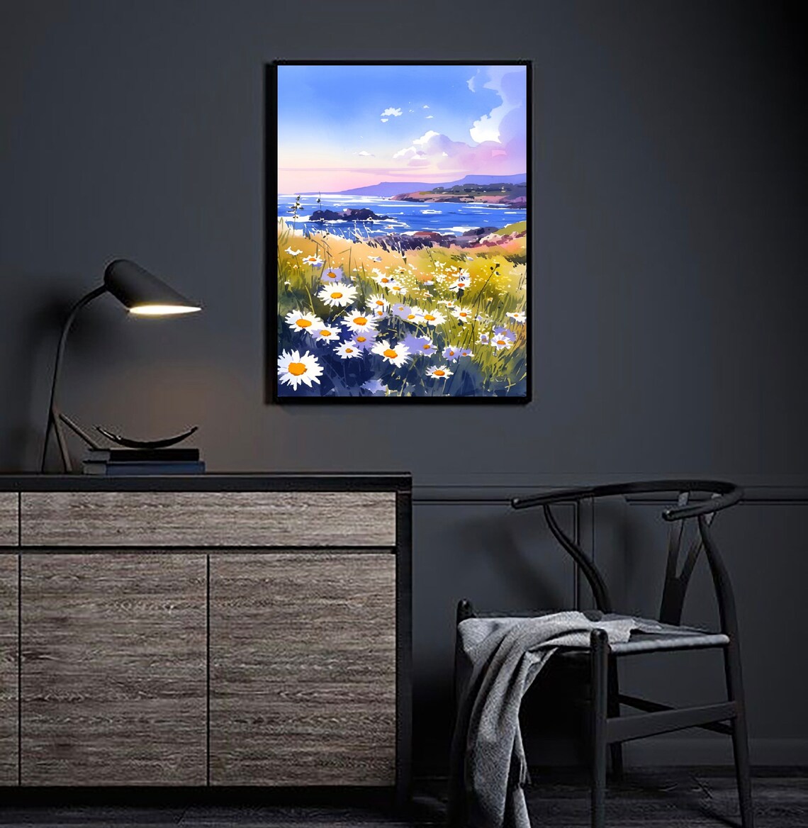 Coastal Daisies Wildflower Cliff Blue Seascape Watercolor Poster - Image 2