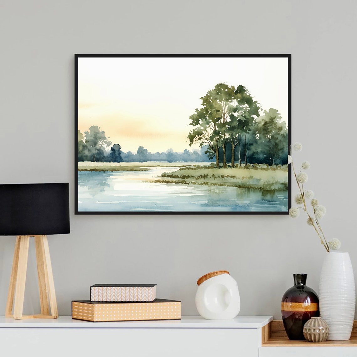 Sunset Lake Orange Sky Silhouette Trees Watercolor Evening Poster - Image 3