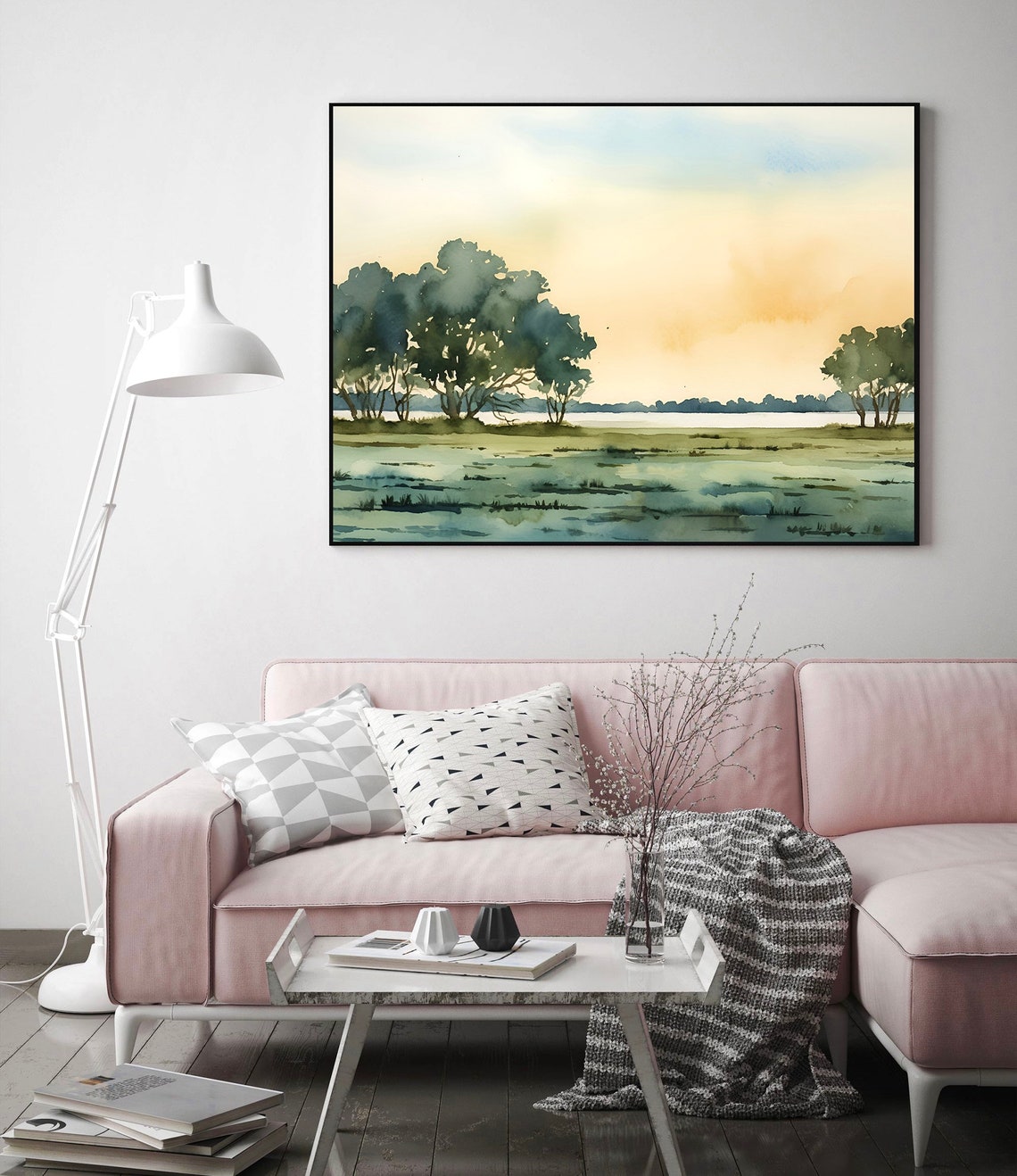 Golden Sunset Wetlands Lake Watercolor Neutral Countryside Poster - Image 2
