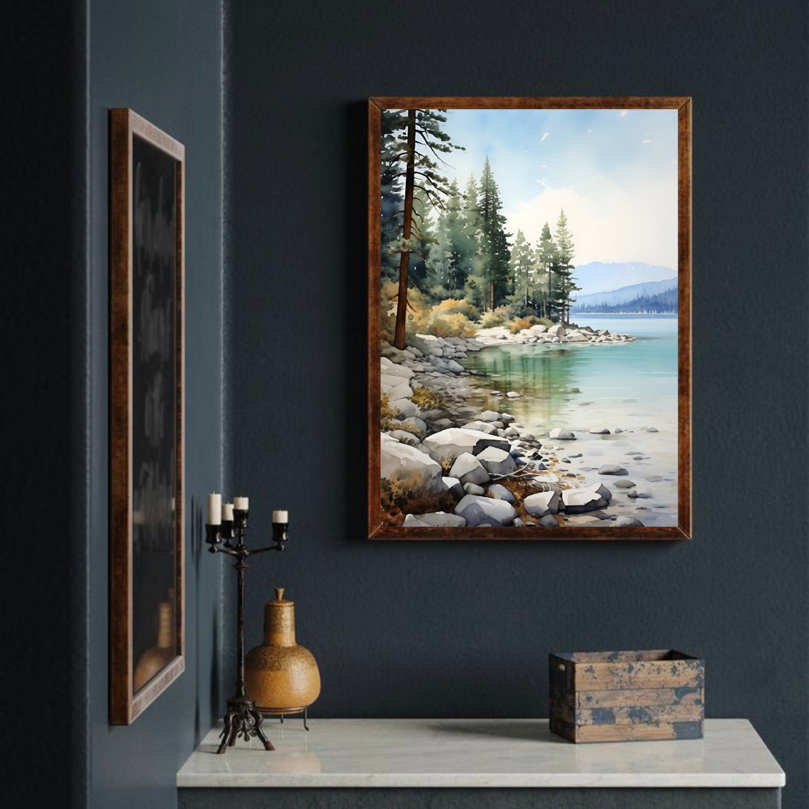 Rocky Pine Lakeshore Turquoise Water Mountain View Watercolor Poster - Image 2