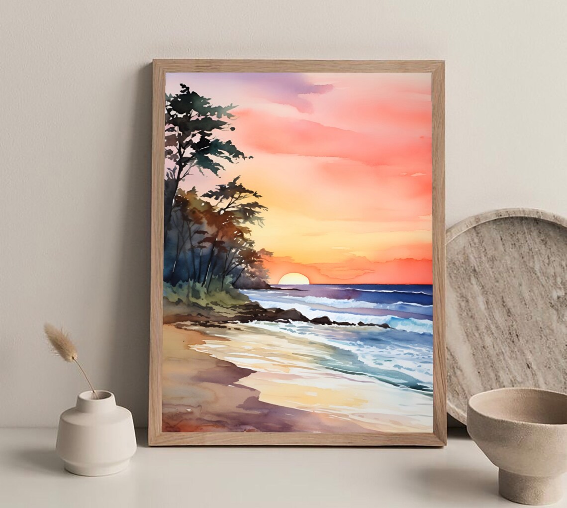 Tropical Beach Sunset Ocean Waves Golden Sky Watercolor Poster - Image 3