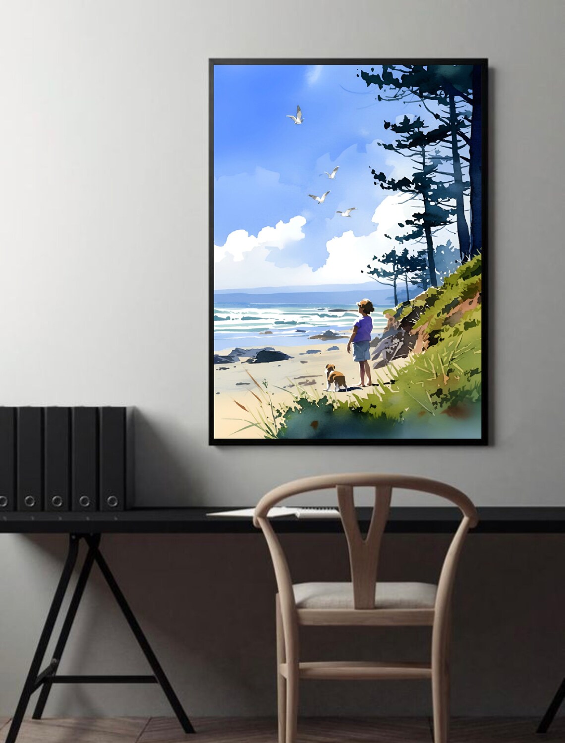 Beach with Child and Dog Seagulls Watercolor Coastal Scene Poster - Image 2