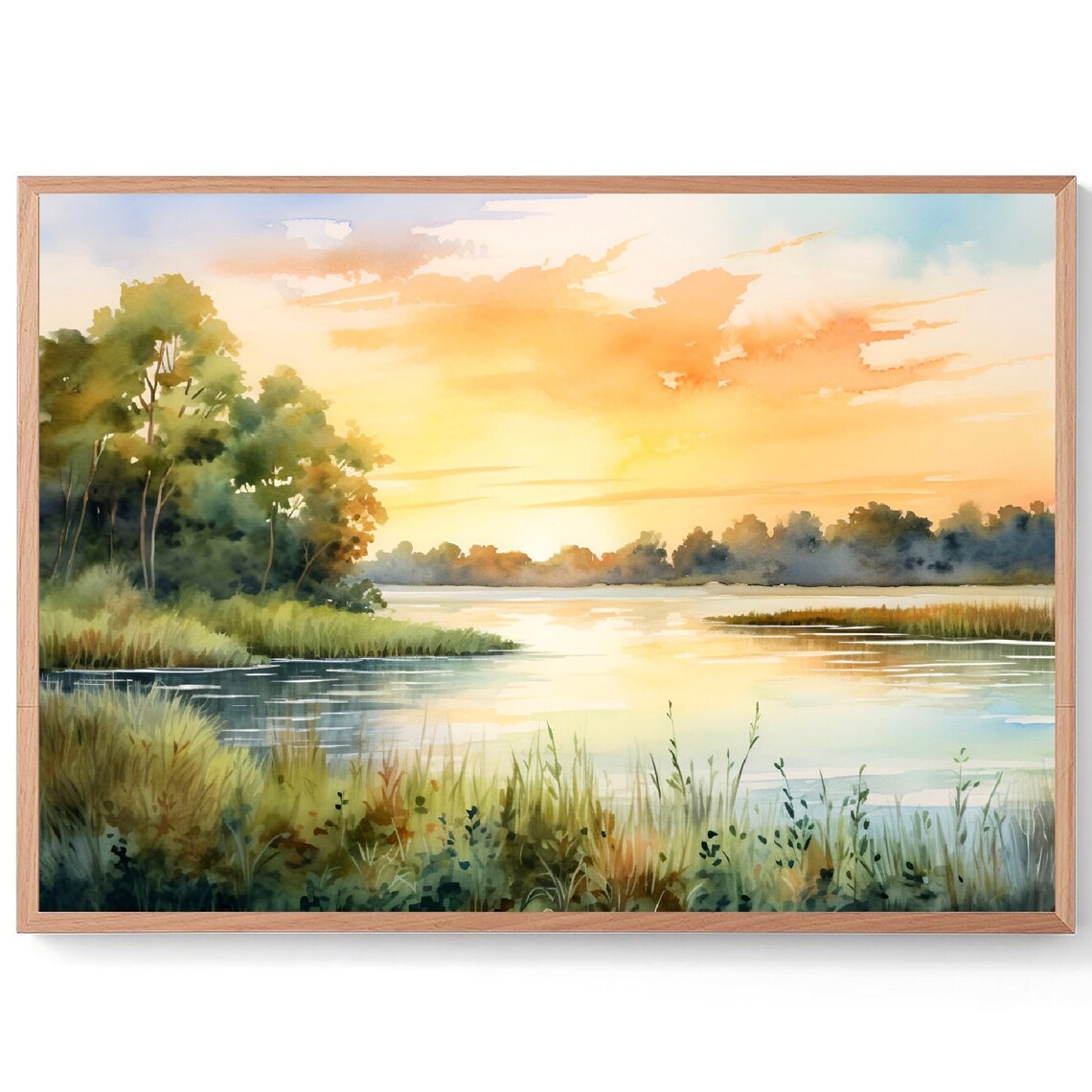 Kansas River Watercolor Sunset Landscape Art Print