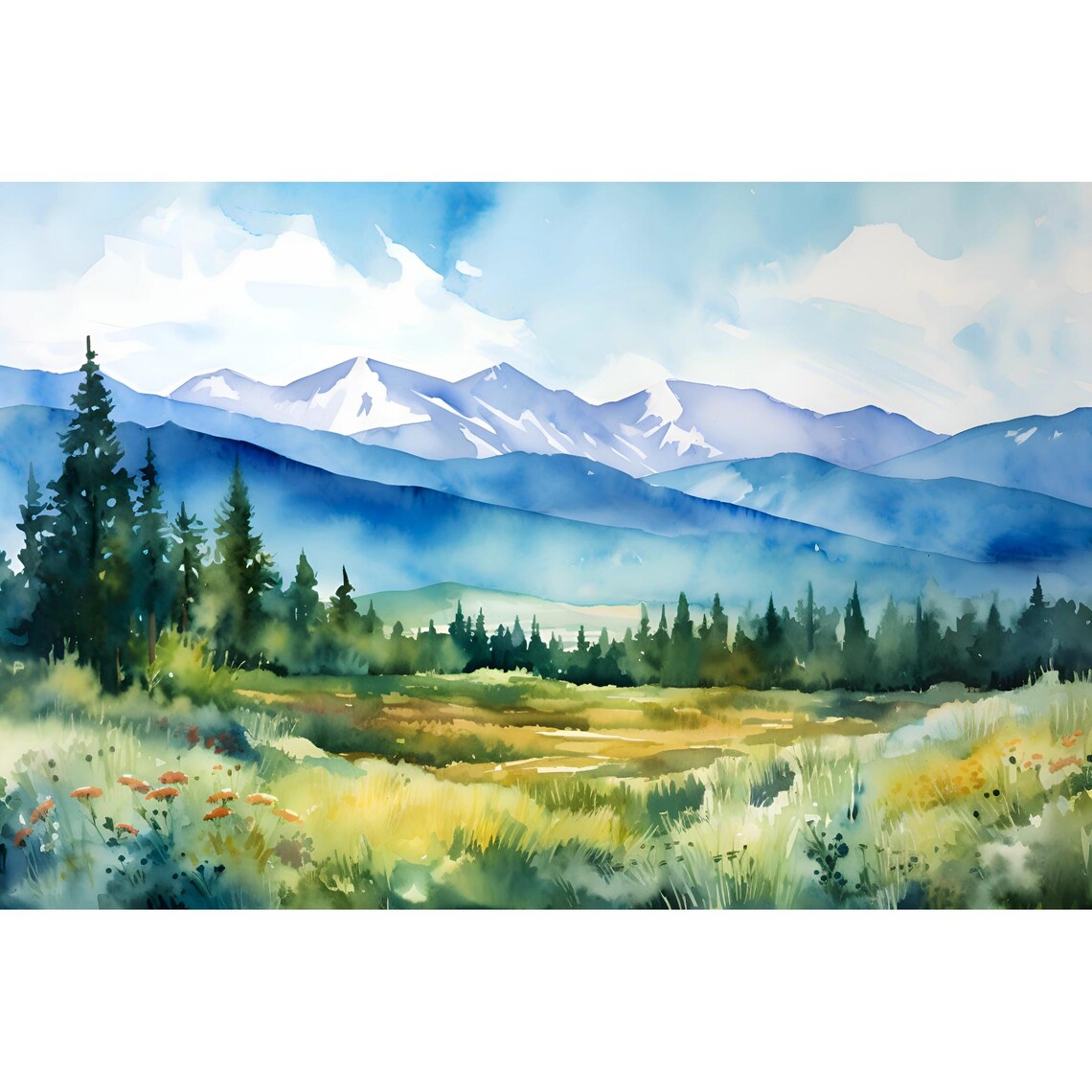 Snow Capped Mountain Meadow Wildflower Vista Watercolor Art Poster