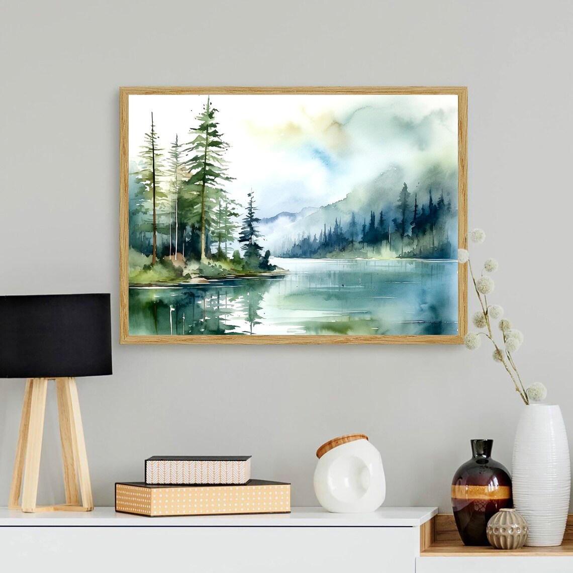 Sunrise Forest Lake Watercolor Landscape Art Print - Image 4